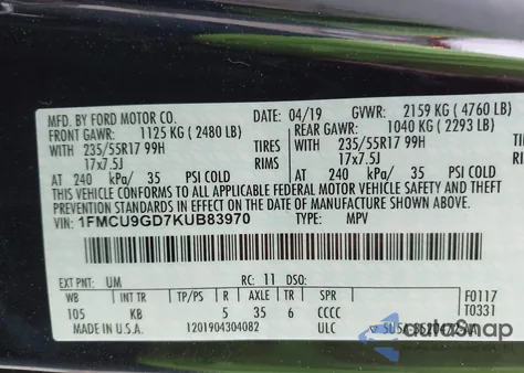 2019 Ford Escape Se из США, поврежденный, VIN 1FMCU9GD7KUB83970